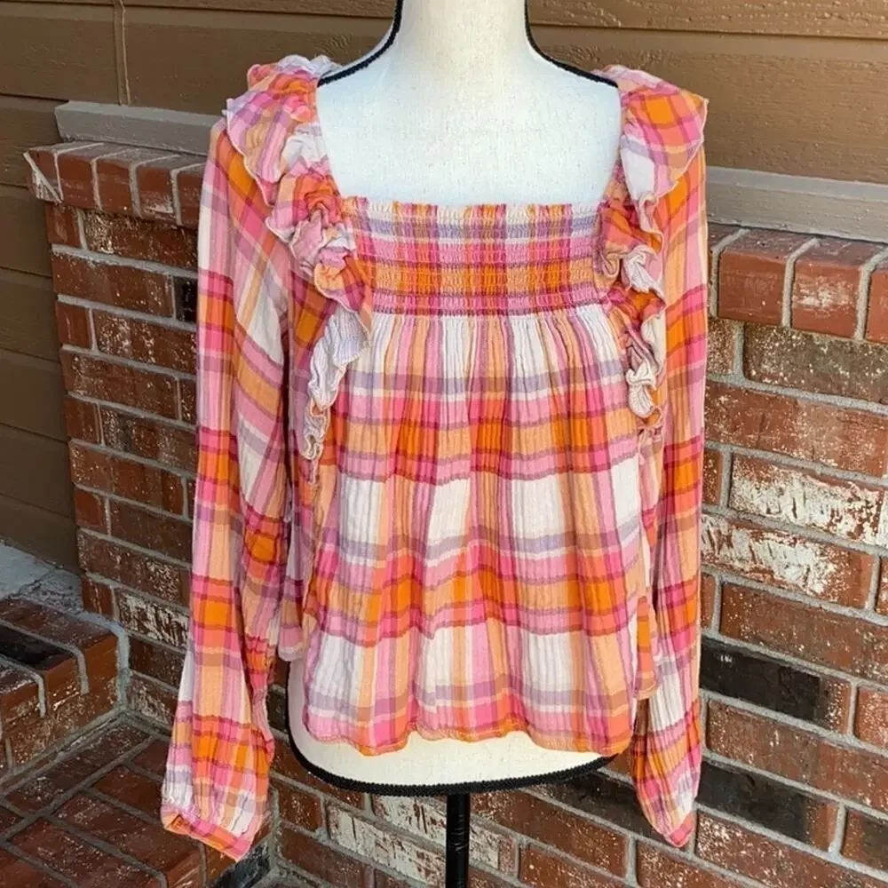 Free People Sienna Plaid Pullover Top NWT XS Tea Combo Ruffle Smocked Boho
